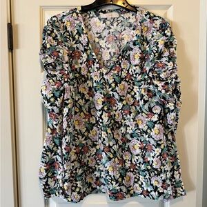 LOFT Floral V-Neck Blouse - Black and Multicolor